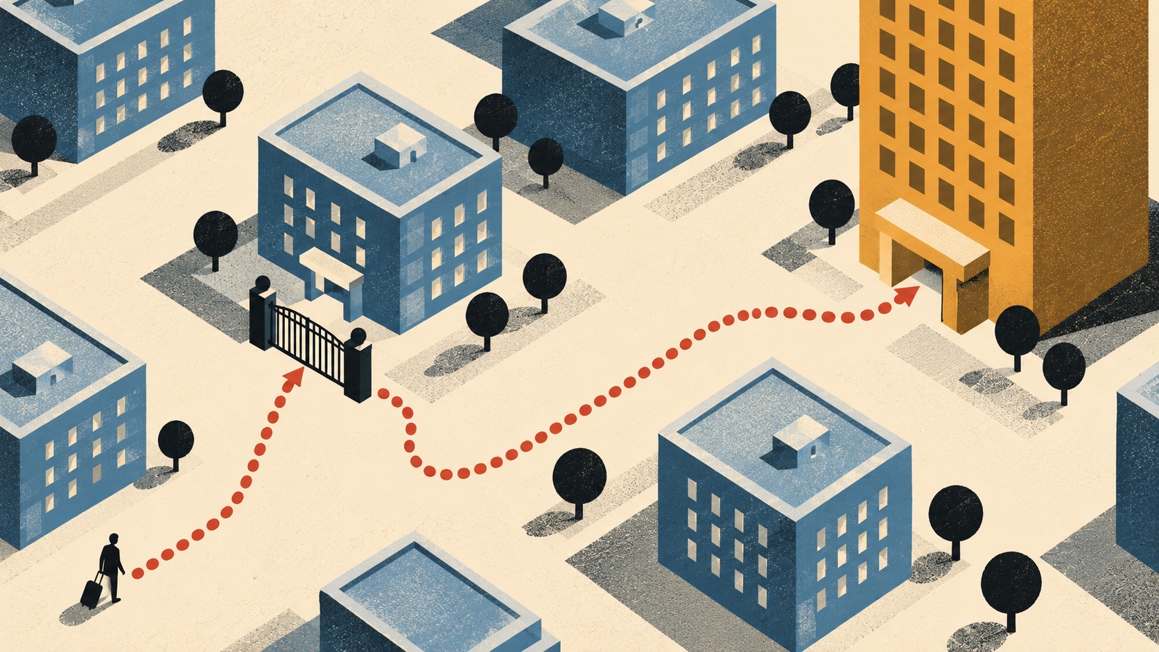Illustration of a traveler's dotted path stopped by a closed gate at one hotel and detouring to a large ochre tower