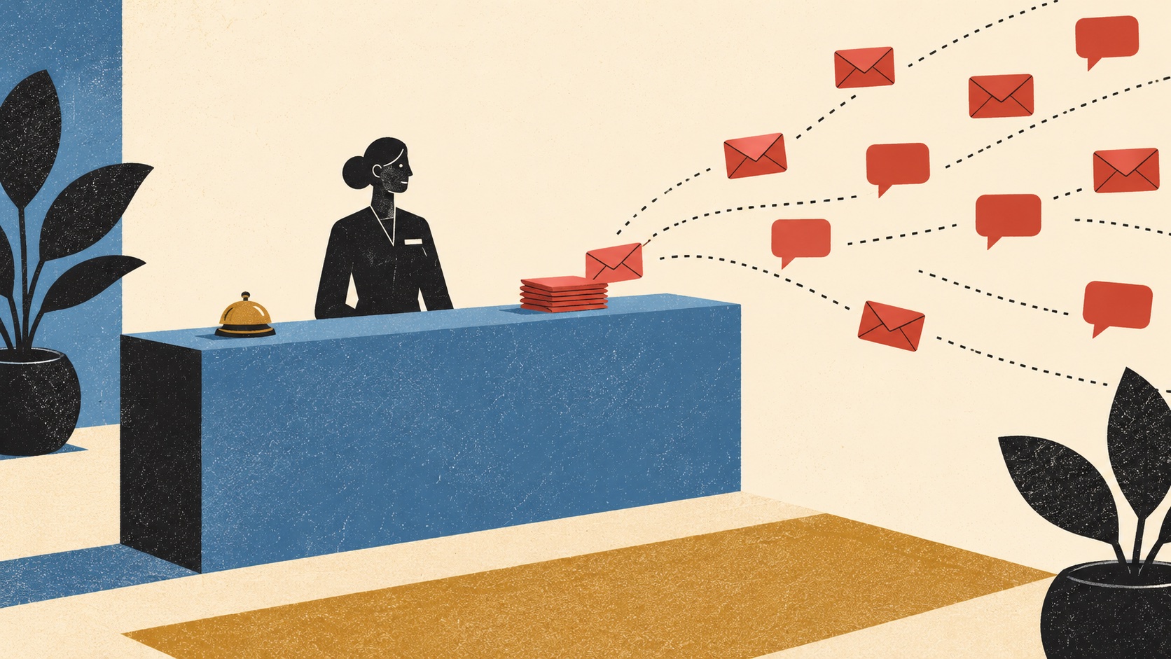 Illustration of a front desk team member as red envelopes and speech bubbles arrive at the counter