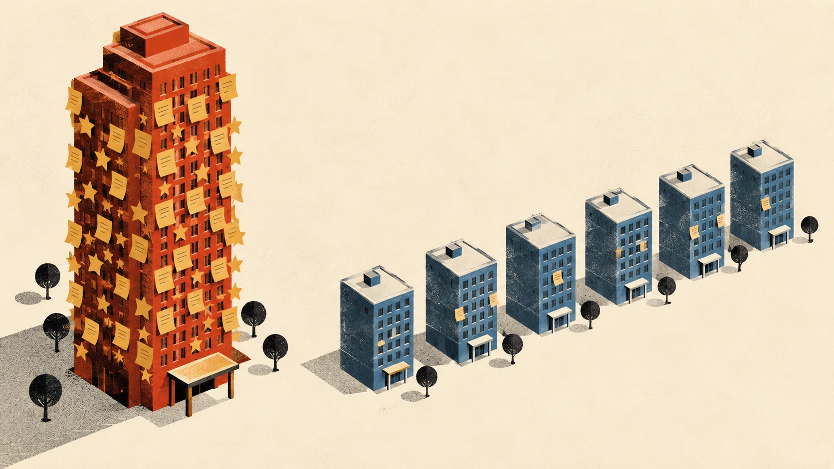 Illustration of a red luxury hotel tower covered in review tags and stars next to a row of blue select-service hotels with almost none