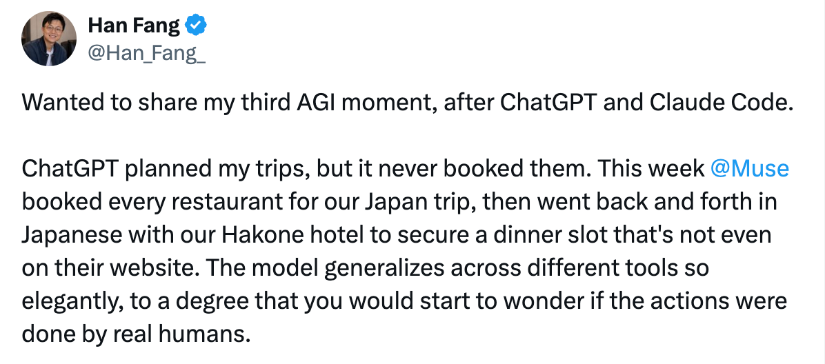 X post by Han Fang: Muse booked every restaurant for a Japan trip, then went back and forth in Japanese with a Hakone hotel to secure a dinner slot that was not on its website.