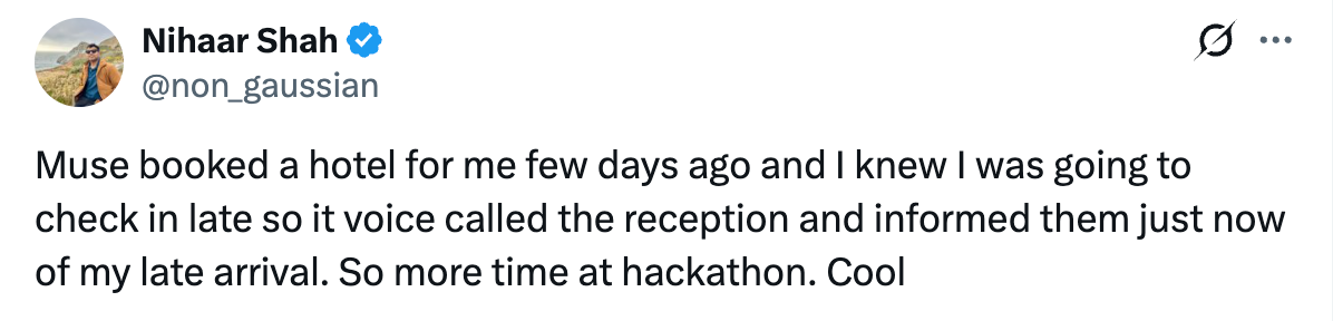 X post by Nihaar Shah: Muse booked a hotel a few days earlier, then voice called the reception to tell them about his late arrival.
